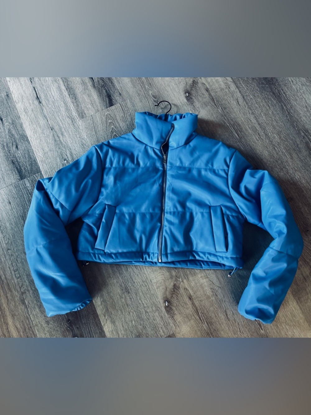 36 Point 5 Blue Cropped Faux Leather Puffer Jacket